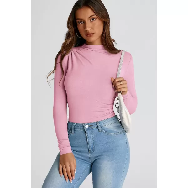 PRETTYGARDEN Womens Fall Y2K Going Out Crop Tops Long Sleeve Mock Neck Ruched Slim Fitted Basic Trendy Casual T Shirts BlousePink