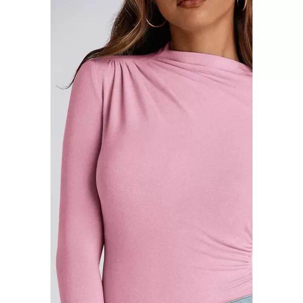 PRETTYGARDEN Womens Fall Y2K Going Out Crop Tops Long Sleeve Mock Neck Ruched Slim Fitted Basic Trendy Casual T Shirts BlousePink