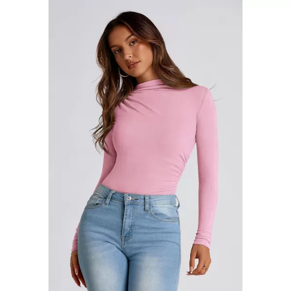 PRETTYGARDEN Womens Fall Y2K Going Out Crop Tops Long Sleeve Mock Neck Ruched Slim Fitted Basic Trendy Casual T Shirts BlousePink