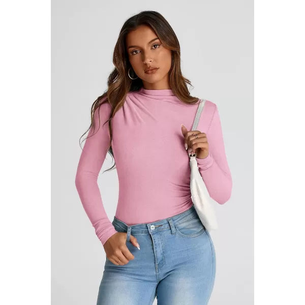 PRETTYGARDEN Womens Fall Y2K Going Out Crop Tops Long Sleeve Mock Neck Ruched Slim Fitted Basic Trendy Casual T Shirts BlousePink