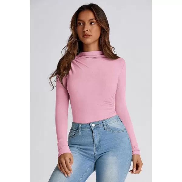 PRETTYGARDEN Womens Fall Y2K Going Out Crop Tops Long Sleeve Mock Neck Ruched Slim Fitted Basic Trendy Casual T Shirts BlousePink