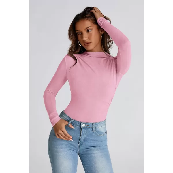 PRETTYGARDEN Womens Fall Y2K Going Out Crop Tops Long Sleeve Mock Neck Ruched Slim Fitted Basic Trendy Casual T Shirts BlousePink