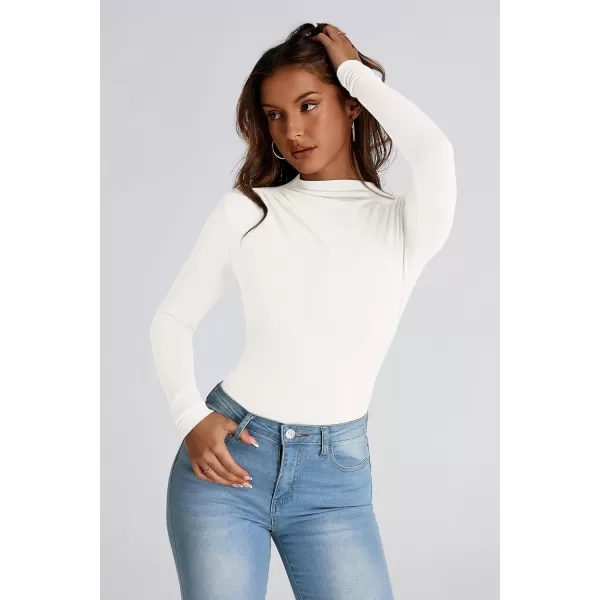 PRETTYGARDEN Womens Fall Y2K Going Out Crop Tops Long Sleeve Mock Neck Ruched Slim Fitted Basic Trendy Casual T Shirts BlouseWhite