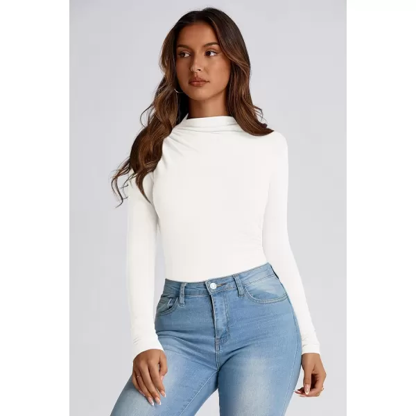 PRETTYGARDEN Womens Fall Y2K Going Out Crop Tops Long Sleeve Mock Neck Ruched Slim Fitted Basic Trendy Casual T Shirts BlouseWhite