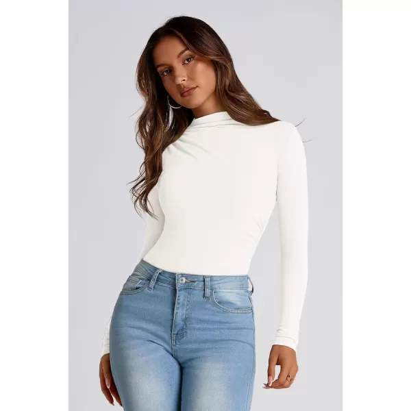 PRETTYGARDEN Womens Fall Y2K Going Out Crop Tops Long Sleeve Mock Neck Ruched Slim Fitted Basic Trendy Casual T Shirts BlouseWhite