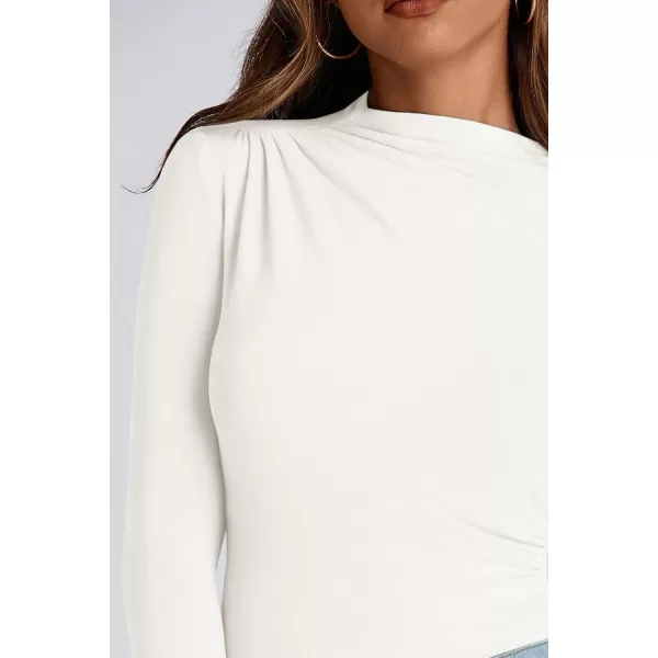 PRETTYGARDEN Womens Fall Y2K Going Out Crop Tops Long Sleeve Mock Neck Ruched Slim Fitted Basic Trendy Casual T Shirts BlouseWhite