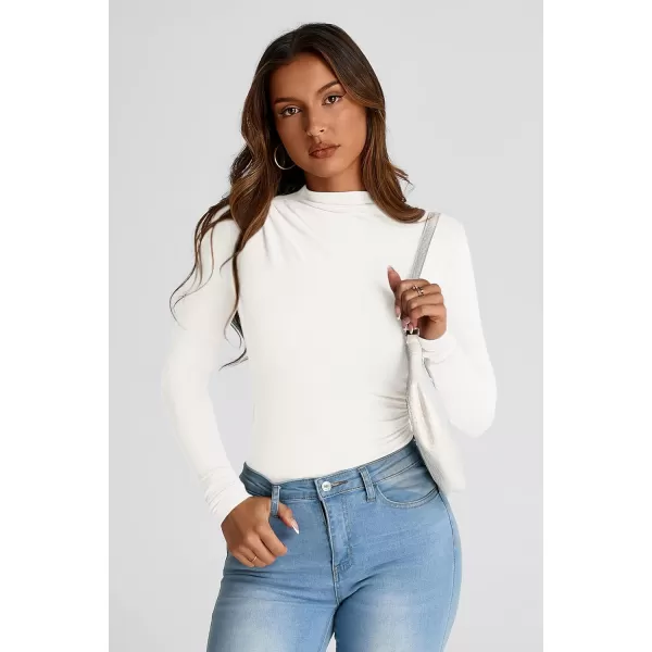 PRETTYGARDEN Womens Fall Y2K Going Out Crop Tops Long Sleeve Mock Neck Ruched Slim Fitted Basic Trendy Casual T Shirts BlouseWhite