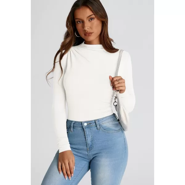 PRETTYGARDEN Womens Fall Y2K Going Out Crop Tops Long Sleeve Mock Neck Ruched Slim Fitted Basic Trendy Casual T Shirts BlouseWhite