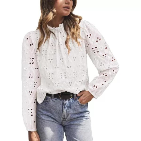 PRETTYGARDEN Womens Blouses Dressy Casual Embroidered Long Puff Sleeve Shirts Ruffle Eyelet Lace Top Fall ClothesWhite