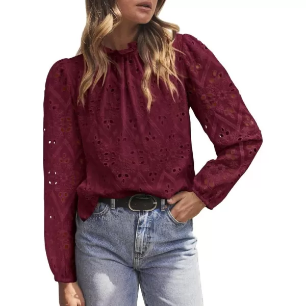 PRETTYGARDEN Womens Blouses Dressy Casual Embroidered Long Puff Sleeve Shirts Ruffle Eyelet Lace Top Fall ClothesWine Red