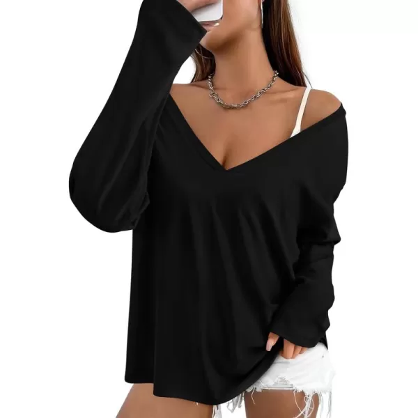 PRETTYGARDEN Womens Fall Fashion 2024 T Shirts Casual Long Sleeve V Neck Tunic Tops Loose Basic TeesBlack