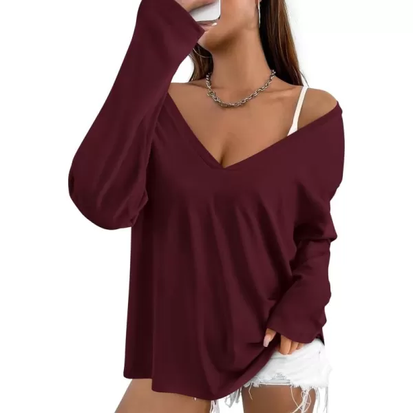 PRETTYGARDEN Womens Fall Fashion 2024 T Shirts Casual Long Sleeve V Neck Tunic Tops Loose Basic TeesWine Red