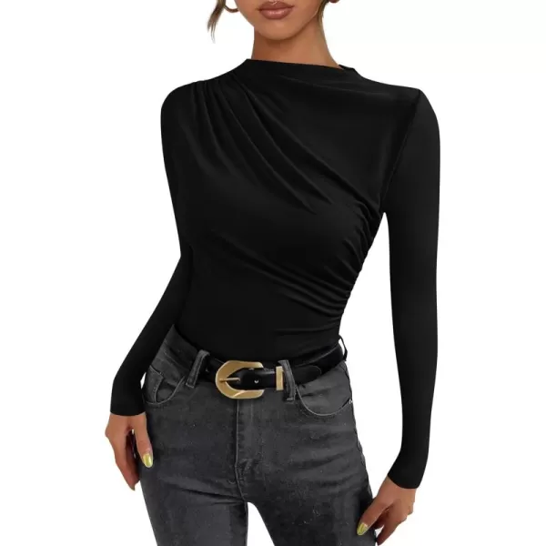 PRETTYGARDEN Womens Fall Y2K Going Out Crop Tops Long Sleeve Mock Neck Ruched Slim Fitted Basic Trendy Casual T Shirts BlouseBlack