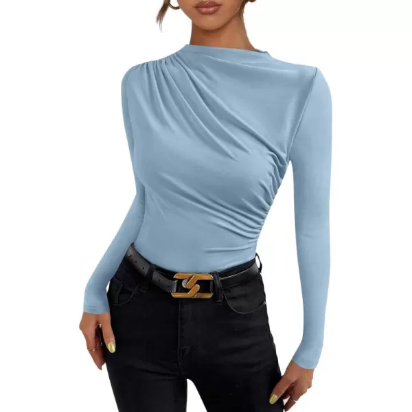 PRETTYGARDEN Womens Fall Y2K Going Out Crop Tops Long Sleeve Mock Neck Ruched Slim Fitted Basic Trendy Casual T Shirts BlouseBlue
