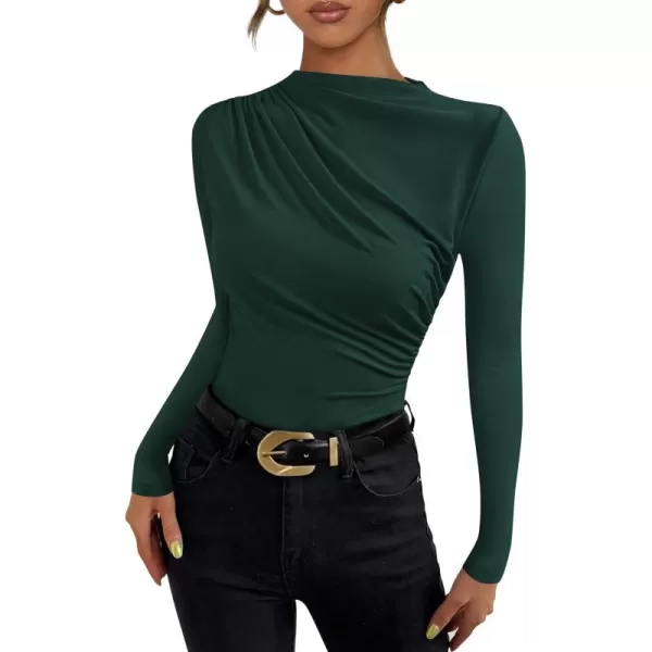 PRETTYGARDEN Womens Fall Y2K Going Out Crop Tops Long Sleeve Mock Neck Ruched Slim Fitted Basic Trendy Casual T Shirts BlouseDark Green