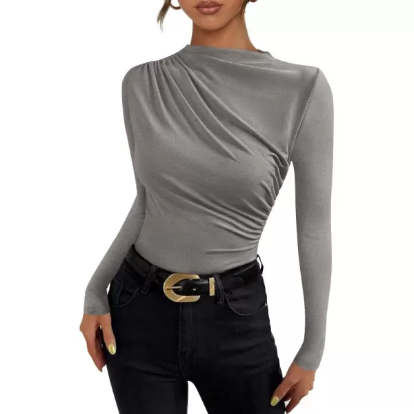 PRETTYGARDEN Womens Fall Y2K Going Out Crop Tops Long Sleeve Mock Neck Ruched Slim Fitted Basic Trendy Casual T Shirts BlouseGrey