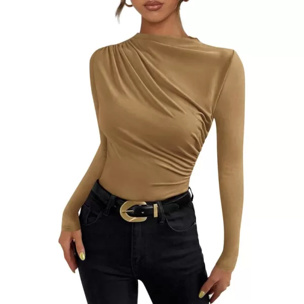 PRETTYGARDEN Womens Fall Y2K Going Out Crop Tops Long Sleeve Mock Neck Ruched Slim Fitted Basic Trendy Casual T Shirts BlouseKhaki