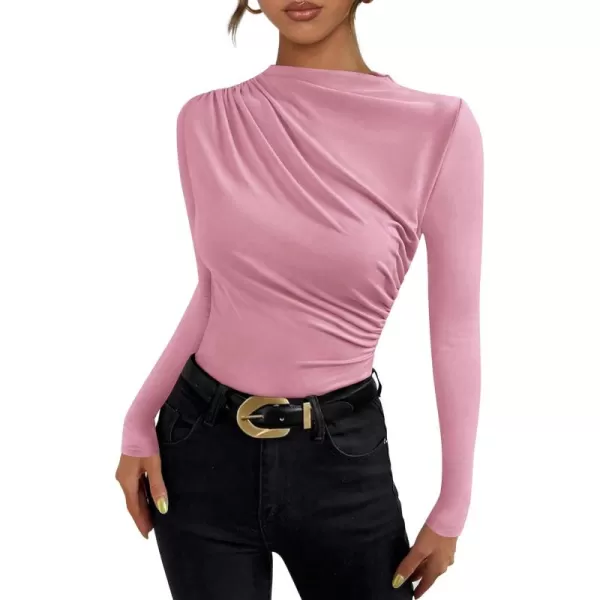 PRETTYGARDEN Womens Fall Y2K Going Out Crop Tops Long Sleeve Mock Neck Ruched Slim Fitted Basic Trendy Casual T Shirts BlousePink