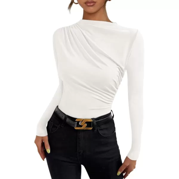 PRETTYGARDEN Womens Fall Y2K Going Out Crop Tops Long Sleeve Mock Neck Ruched Slim Fitted Basic Trendy Casual T Shirts BlouseWhite