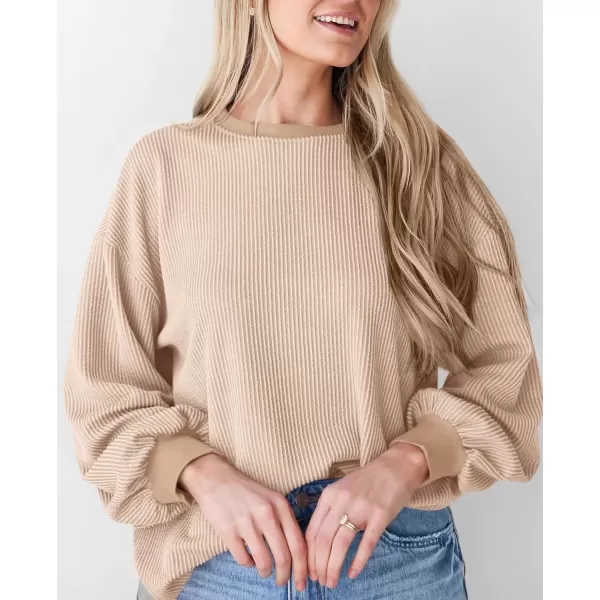 PRETTYGARDEN Womens Long Sleeve Tee Shirts Fall Trendy Clothes Casual Loose Crewneck Ribbed Blouse Tunic TopsBeige