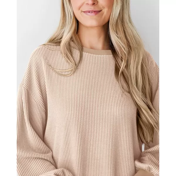 PRETTYGARDEN Womens Long Sleeve Tee Shirts Fall Trendy Clothes Casual Loose Crewneck Ribbed Blouse Tunic TopsBeige