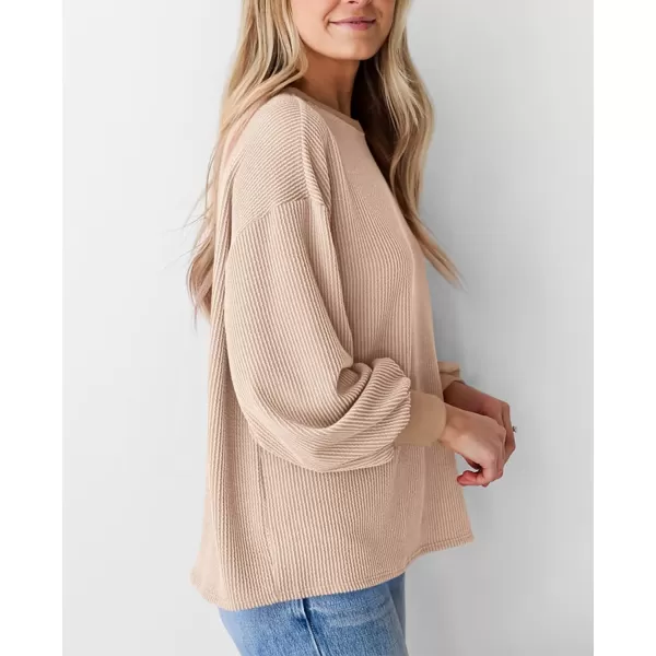 PRETTYGARDEN Womens Long Sleeve Tee Shirts Fall Trendy Clothes Casual Loose Crewneck Ribbed Blouse Tunic TopsBeige