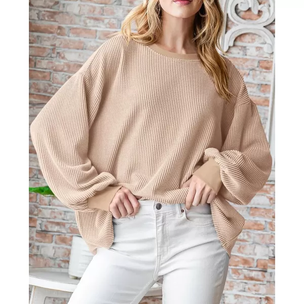 PRETTYGARDEN Womens Long Sleeve Tee Shirts Fall Trendy Clothes Casual Loose Crewneck Ribbed Blouse Tunic TopsBeige