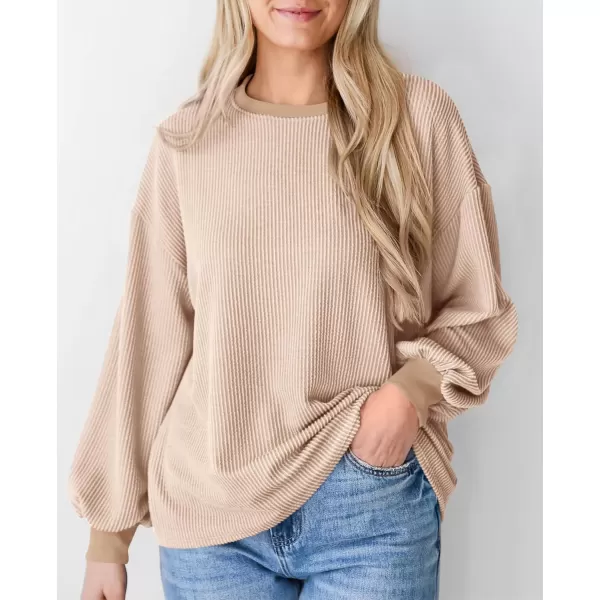 PRETTYGARDEN Womens Long Sleeve Tee Shirts Fall Trendy Clothes Casual Loose Crewneck Ribbed Blouse Tunic TopsBeige