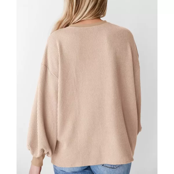 PRETTYGARDEN Womens Long Sleeve Tee Shirts Fall Trendy Clothes Casual Loose Crewneck Ribbed Blouse Tunic TopsBeige