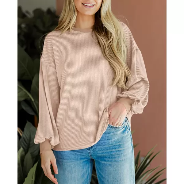PRETTYGARDEN Womens Long Sleeve Tee Shirts Fall Trendy Clothes Casual Loose Crewneck Ribbed Blouse Tunic TopsBeige