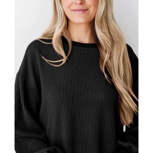 PRETTYGARDEN Womens Long Sleeve Tee Shirts Fall Trendy Clothes Casual Loose Crewneck Ribbed Blouse Tunic TopsBlack