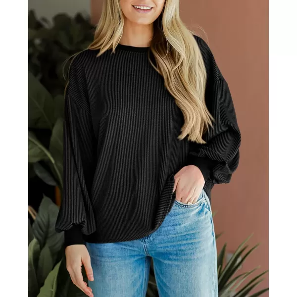 PRETTYGARDEN Womens Long Sleeve Tee Shirts Fall Trendy Clothes Casual Loose Crewneck Ribbed Blouse Tunic TopsBlack