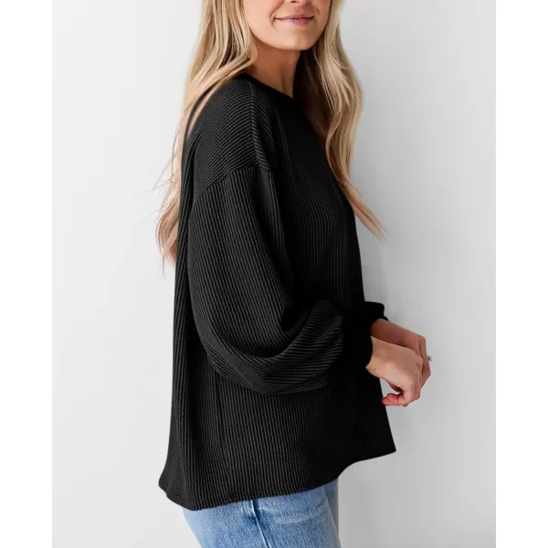 PRETTYGARDEN Womens Long Sleeve Tee Shirts Fall Trendy Clothes Casual Loose Crewneck Ribbed Blouse Tunic TopsBlack