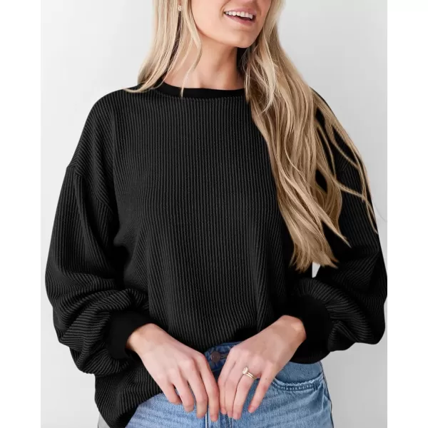 PRETTYGARDEN Womens Long Sleeve Tee Shirts Fall Trendy Clothes Casual Loose Crewneck Ribbed Blouse Tunic TopsBlack