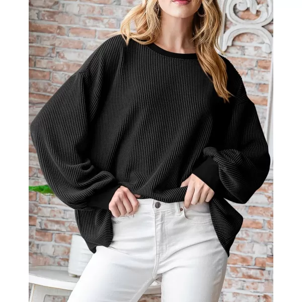 PRETTYGARDEN Womens Long Sleeve Tee Shirts Fall Trendy Clothes Casual Loose Crewneck Ribbed Blouse Tunic TopsBlack