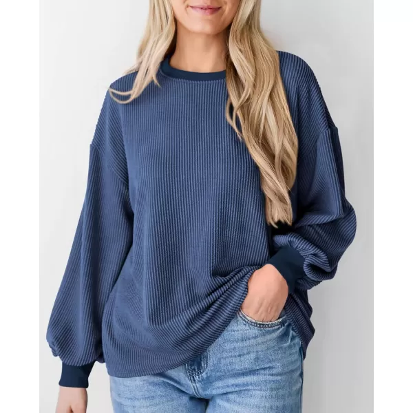 PRETTYGARDEN Womens Long Sleeve Tee Shirts Fall Trendy Clothes Casual Loose Crewneck Ribbed Blouse Tunic TopsDark Blue