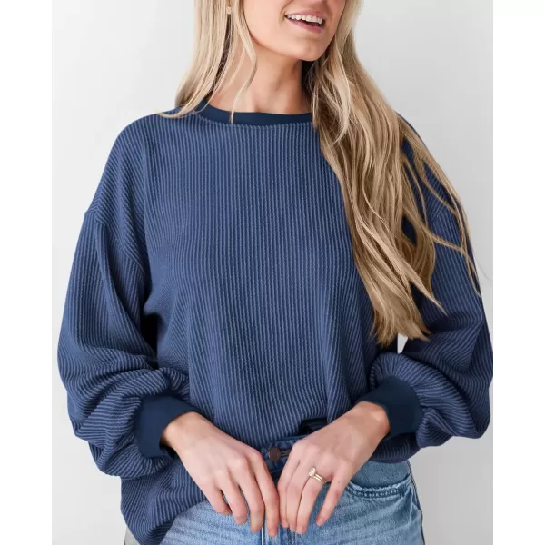 PRETTYGARDEN Womens Long Sleeve Tee Shirts Fall Trendy Clothes Casual Loose Crewneck Ribbed Blouse Tunic TopsDark Blue