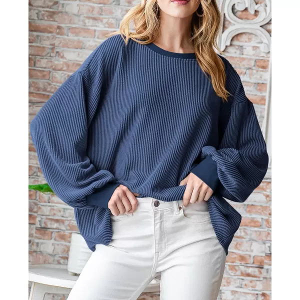 PRETTYGARDEN Womens Long Sleeve Tee Shirts Fall Trendy Clothes Casual Loose Crewneck Ribbed Blouse Tunic TopsDark Blue