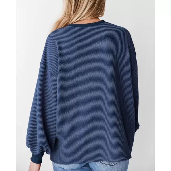 PRETTYGARDEN Womens Long Sleeve Tee Shirts Fall Trendy Clothes Casual Loose Crewneck Ribbed Blouse Tunic TopsDark Blue