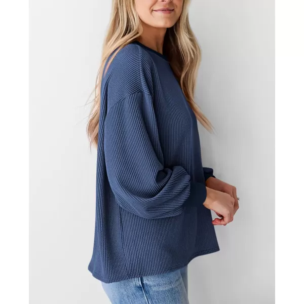 PRETTYGARDEN Womens Long Sleeve Tee Shirts Fall Trendy Clothes Casual Loose Crewneck Ribbed Blouse Tunic TopsDark Blue