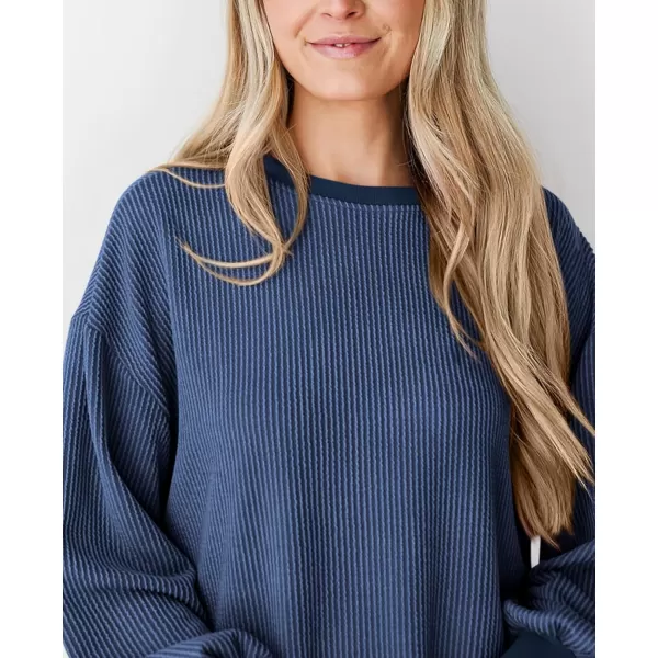 PRETTYGARDEN Womens Long Sleeve Tee Shirts Fall Trendy Clothes Casual Loose Crewneck Ribbed Blouse Tunic TopsDark Blue
