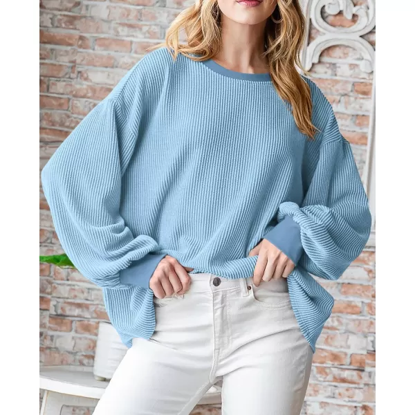 PRETTYGARDEN Womens Long Sleeve Tee Shirts Fall Trendy Clothes Casual Loose Crewneck Ribbed Blouse Tunic TopsLight Blue