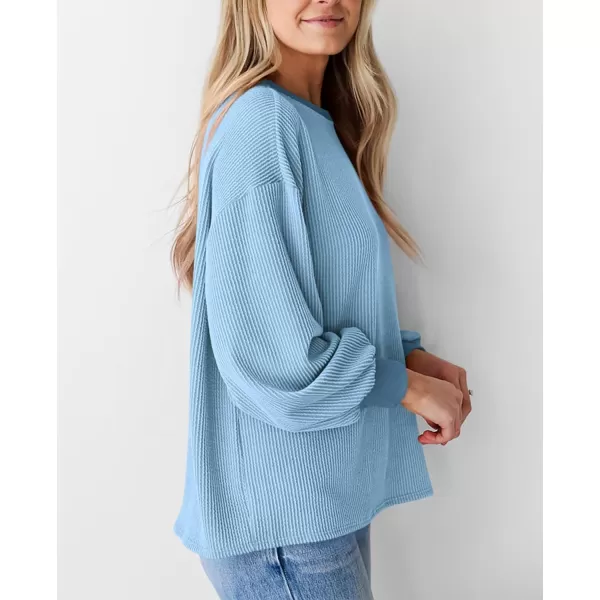 PRETTYGARDEN Womens Long Sleeve Tee Shirts Fall Trendy Clothes Casual Loose Crewneck Ribbed Blouse Tunic TopsLight Blue