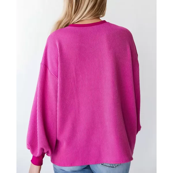 PRETTYGARDEN Womens Long Sleeve Tee Shirts Fall Trendy Clothes Casual Loose Crewneck Ribbed Blouse Tunic TopsRose Red
