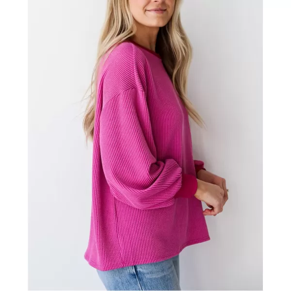 PRETTYGARDEN Womens Long Sleeve Tee Shirts Fall Trendy Clothes Casual Loose Crewneck Ribbed Blouse Tunic TopsRose Red