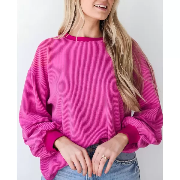PRETTYGARDEN Womens Long Sleeve Tee Shirts Fall Trendy Clothes Casual Loose Crewneck Ribbed Blouse Tunic TopsRose Red