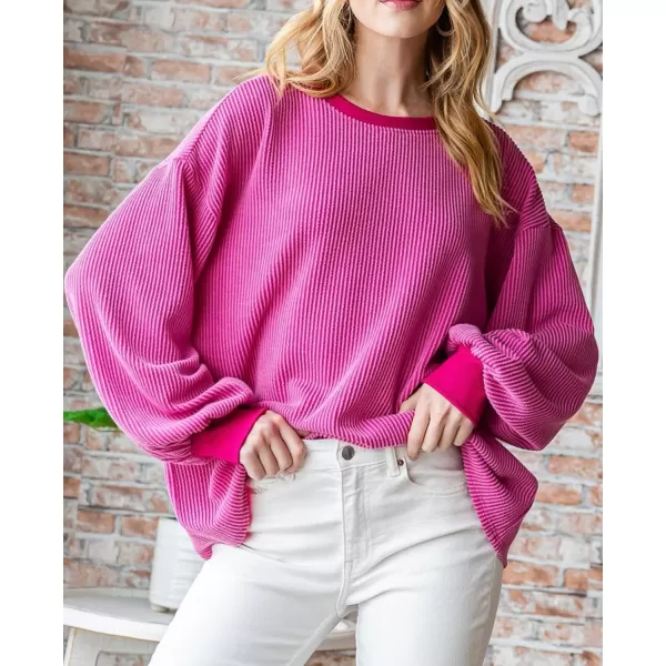 PRETTYGARDEN Womens Long Sleeve Tee Shirts Fall Trendy Clothes Casual Loose Crewneck Ribbed Blouse Tunic TopsRose Red