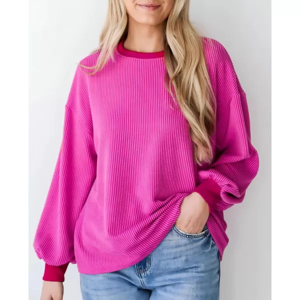 PRETTYGARDEN Womens Long Sleeve Tee Shirts Fall Trendy Clothes Casual Loose Crewneck Ribbed Blouse Tunic TopsRose Red