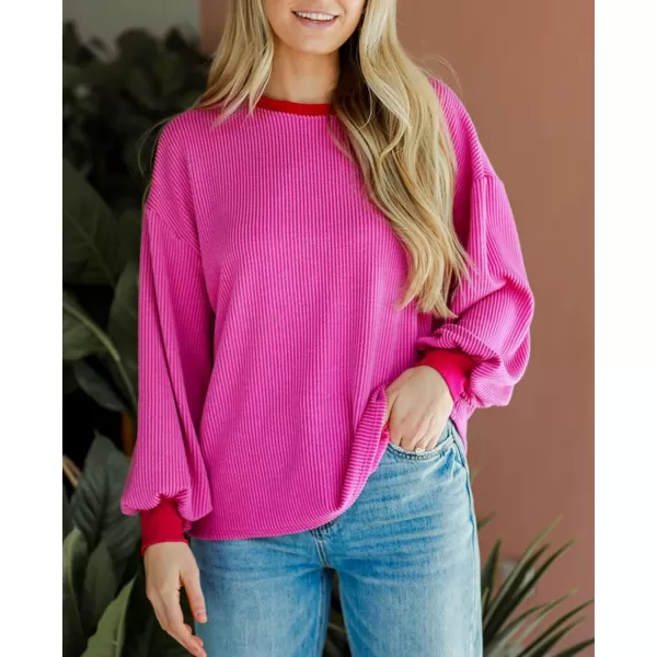 PRETTYGARDEN Womens Long Sleeve Tee Shirts Fall Trendy Clothes Casual Loose Crewneck Ribbed Blouse Tunic TopsRose Red