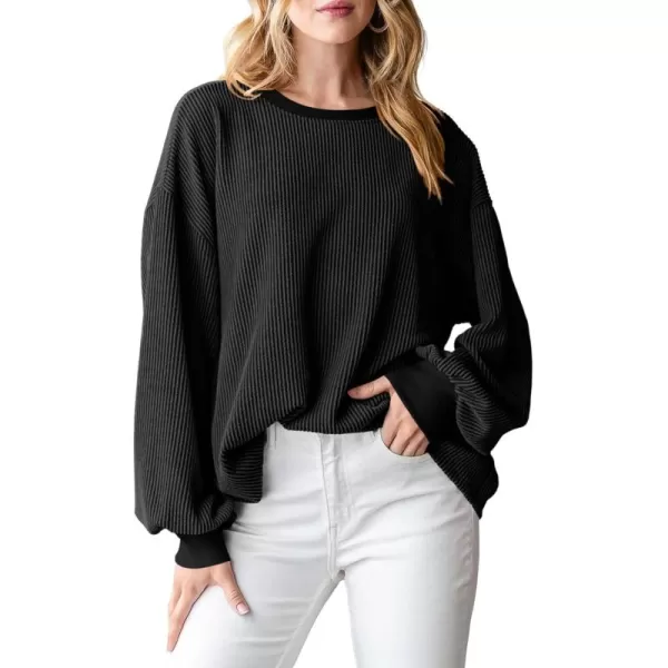 PRETTYGARDEN Womens Long Sleeve Tee Shirts Fall Trendy Clothes Casual Loose Crewneck Ribbed Blouse Tunic TopsBlack